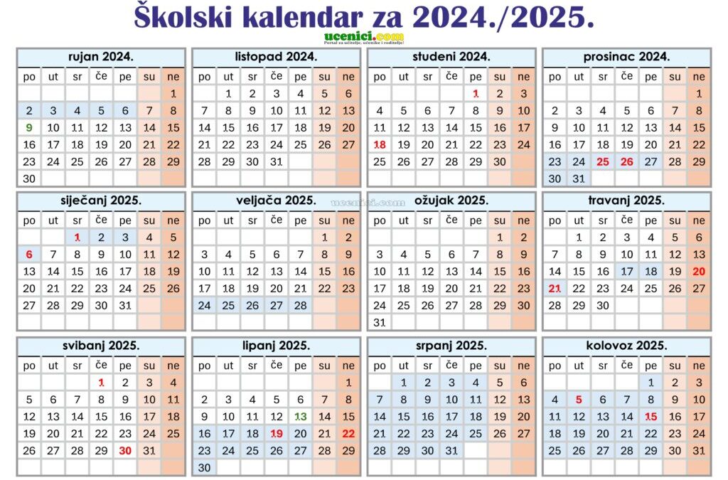 NOVI – Školski kalendar s praznicima za 2024. i 2025. školsku godinu