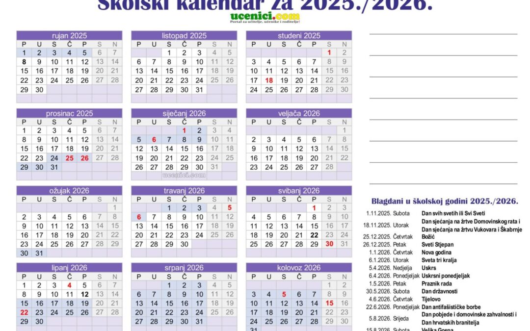 Školski kalendar s praznicima za 2025. i 2026. školsku godinu